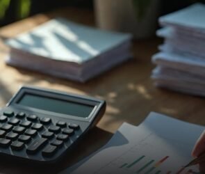Mesa de escritório com calculadora, documentos fiscais e gráficos de alíquotas — análise comparativa de regimes tributários PIS e COFINS